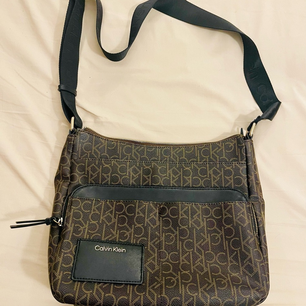 Calvin Klein Dark Brown Monogram Messenger Bag with Black Trim